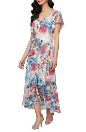 Alex Evenings Floral Burnout Chiffon Cocktail Dress in Taupe Multi at Nordstrom Rack, Size 16