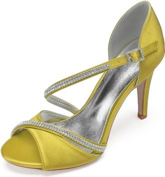 Generic Wedding Bridal Shoes Women Heeled Sandals Dressy Stiletto Bridal Open Toe High Heels for Wedding Party Daily Wear 10.5Cm,Yellow,5 UK