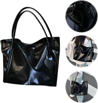 Generic Pufei Women Leather Tote Bag with Pendant Top Handle Bag for Daily Use (Black)