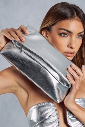 Misspap Metallic Fold Over Clutch Bag, One Size, Silver