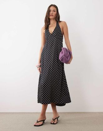 Nobody's Child Lynette - Vestito midi allacciato al collo nero a pois