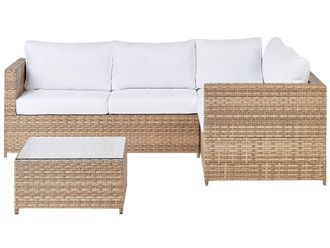 Beliani Set Da Giardino In Rattan Composto Da Divano Angolare E Tavolino In Vetro Con Cuscini Bianco Sporco Avola