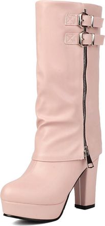 Generic Womens Round Toe Mid Calf Boots PU Leather Double Buckle Zipper Platform Block Heels Comfortable Non Slip Durable for Evening Party Prom Autumn,Pink,9