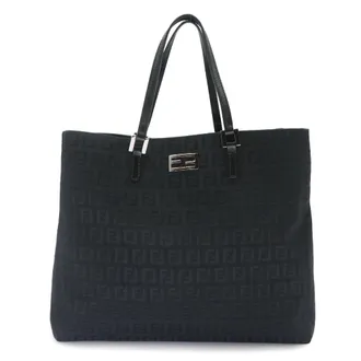 Fendi Zucchino Black Canvas Leather Handbag Tote Bag (Pre-Owned)