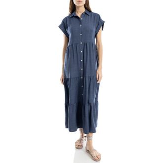 Max Studio Short Sleeve Tiered Maxi Shirtdress in Heather Indigo at Nordstrom Rack, Size Large