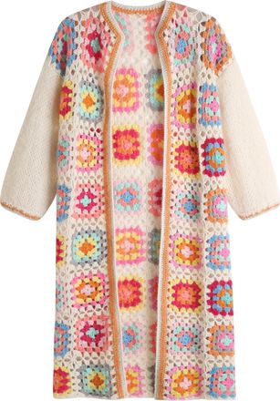 Generic Womens Boho Cardigan Sweater Long Open Front Maxi Floral Cable Knitwear Hand Crochet Granny Square Thin Coat, Apricot, One size