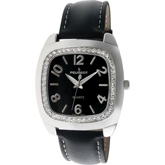 Peugeot Boyfriend Crystal Bezel Leather Watch- 40MM in Black at Nordstrom