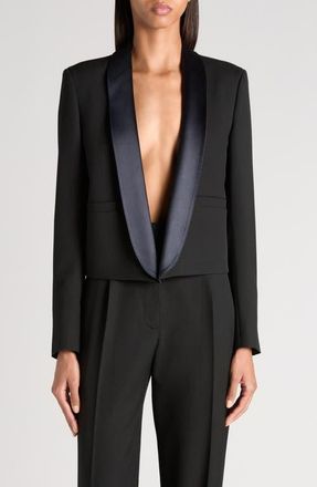 Tom Ford Wool Grain de Poudre Crop Tuxedo Jacket in Black/Deep Blue Navy at Nordstrom, Size 10 Us
