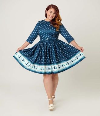 Unique Vintage Plus Size Boat Neck Belted Stephanie Fit & Flare Dress in Blue Fair Isle Print at Nordstrom, Size 3X