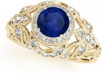 Allurez Edwardian Blue Sapphire & Diamond Halo Engagement Ring 18k Y Gold (1.18ct)