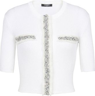 Balmain sequin-embellished cropped top - women - Viscose/Polyamide - 38 - White