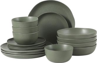 Gibson Home Menlo Park 16-Piece Stoneware Embossed Plates and Bowls Dinnerware Se in Green at Nordstrom
