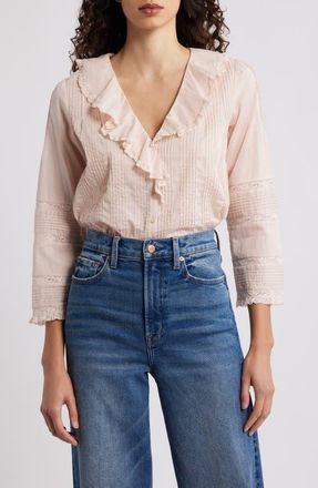 D&ocirc;en Huguette Pintuck Ruffle Top in Blush at Nordstrom, Size Xx-Small