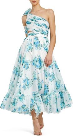 Mac Duggal One Shoulder Ruffle Cut-Out Chiffon Midi Dress in White Multi at Nordstrom, Size 8