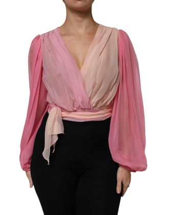 Dolce & Gabbana Womens Pink Plunging V-Neck Long Sleeves Blouse Top Silk