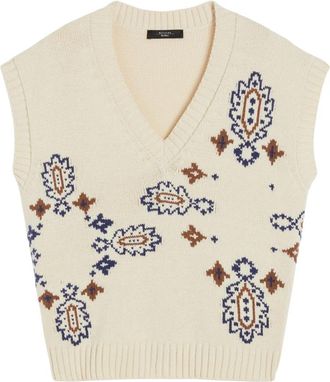 Max Mara Katoenen vest met ingelegd motief - Dames - V-hals truien - Wit - M - Katoen - Truien & Vesten