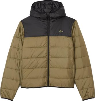 Lacoste Water-Repellent Quilted Puffer Jacket, Khaki Green and Black, Colorblock Design with Hood (UK, Alpha, XL, Regular, Regular, Khaki Green/Black)