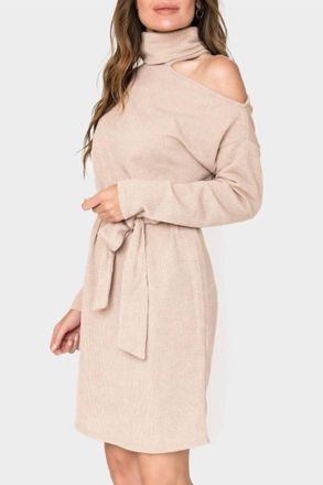 Gibsonlook Mock Neck Ribbed One Shoulder Cut Out Knit Dress In Beige