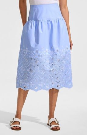 Lands End Poplin Drop Waist Midi Skirt in Navy Striped Placed Floral at Nordstrom, Size 10P