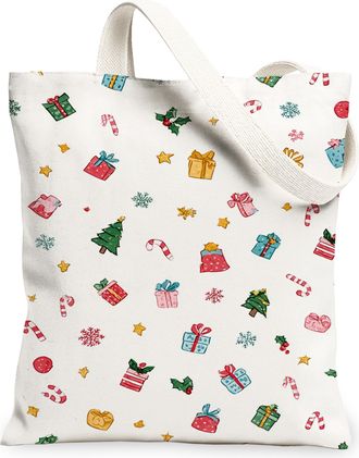 Generic Christmas Gift Pattern Canvas Tote Bags, Festive Presents Reusable Grocery Bags, Winter Joyful Lightweight Washable Shoulde, White, 13x15 Inch