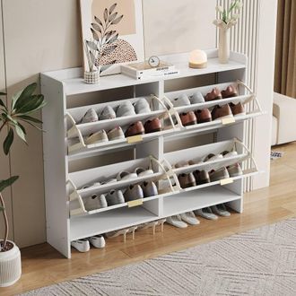 Matteo Modern White Shoe Cabinet with 4 Flip Drawers & Open Shelves