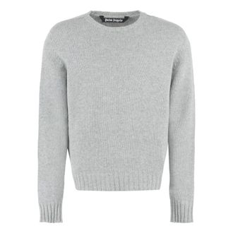 Palm Angels Round-neck Knitwear, male, Gray, Size: 2XL Curved Logo Crew Knit