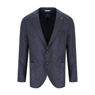 Manuel Ritz Blazers, male, Blue, Size: 2XL Blue Pinstripe Single-Breasted Wool Jacket