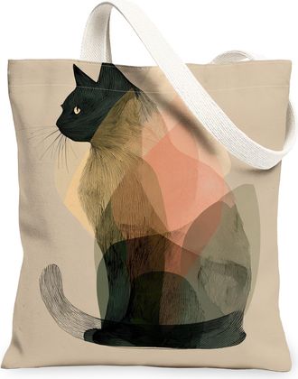 Generic Artistic Cat Canvas Tote Bags, Vintage Cat Pattern Reusable Grocery Bags, Lightweight Washable Shoulder Strap Canvas for Sh, Beige, 13x15 Inch