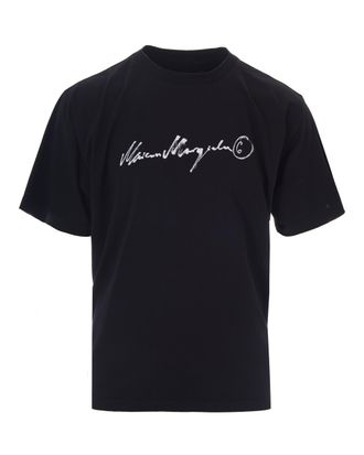 Maison Margiela Black T-Shirt with Painted Logo and Ribbed Neckline