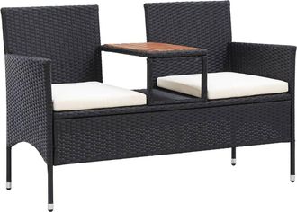 vidaXL Banco De Jard&iacute;n 2 Plazas Y Mesita Rat&aacute;n Sint&eacute;tico Negro 143 Cm Vidaxl