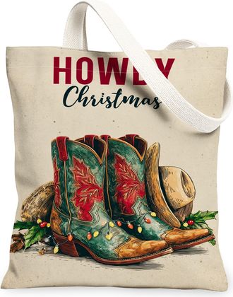Generic Rustic Boots Canvas Tote Bags, Vintage Holiday Design Reusable Grocery Bags, Lightweight Washable Shoulder Strap Canvas for, Green, 13x15 Inch