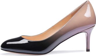 Castamere Womens Mid Heels Round Toe Slip-on Stilettos Court Shoes 2.4IN Black Beige Patent Pumps UK 5.5/6