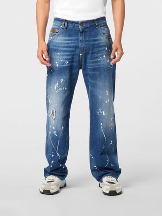 Philipp Plein Jeans wide leg in denim stretch con effetto usurato e logo posteriore