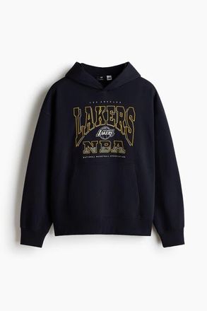 H&M Oversized Fit Printed Hoodie in Dark Blue/nba at Nordstrom, Size Xx-Large