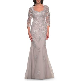 La Femme Mermaid Tulle and Lace Dress with Illusion Sleeves in Dusty Lilac at Nordstrom, Size 10