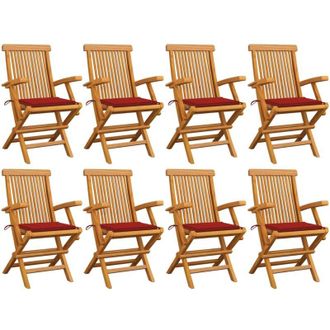 vidaXL Sillas De Jard&iacute;n 8 Uds Madera Maciza De Teca Con Cojines Rojos Vidaxl
