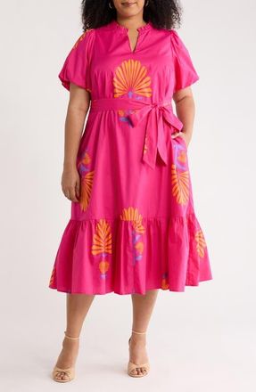 Sugarlips Melian Puff Sleeve Tie Belt Cotton Midi Dress in Fuchsia-Orange at Nordstrom, Size 1X