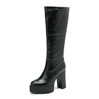 Generic Womens Lug Sole Block Heel Platform Round Toe Knee High Boots Slip On Versatile Winter Dress Shoes (Black,5.5)