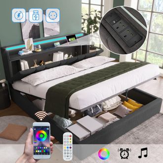 Matteo Upholstered Double Bed w/ USB charging function, storage headboard & LED lighting, 4ft6 Double Bed storage bed frame(135x190cm), Wooden