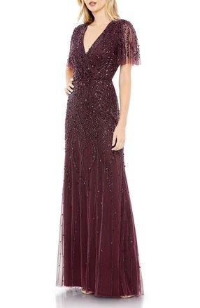 Mac Duggal Womens Embellished Flutter Sleeve Evening Gown in Aubergine at Nordstrom, Size 12