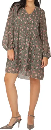 Dex Clothing Long Sleeve Pleated A-Line Dress In Green Floral