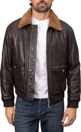 Bagatelle Washed Leather Aviator Jacket with Genuine Shearling Collar in Espresso at Nordstrom, Size Medium