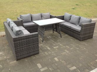 Fimous Outdoor Rattan Garden Furniture Lounge Sofa Set With Oblong Dining Table With Clear Tempered Glass in Dark Grey