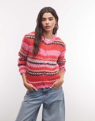 Monki cardigan in maglia testurizzata a righe rosse e rosa-Rosso
