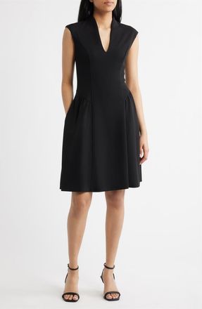 Vince Camuto Scuba Crepe V-Neck Fit & Flare Dress in Black at Nordstrom, Size 10