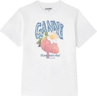 Ganni Tops, Dames, Wit, L, Katoen, Graphic T-shirt