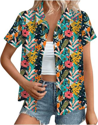Generic Hawaiian Button Down Shirts Women Sale,Summer Floral Printed Short Sleeve Blouses 2025 Trendy Loose Lapel Soft Cool Beach Vacation Tops Boho Going Out
