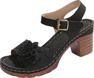 Generic 2026 Women Summer Solid Flowers Buckle Strap Casual Open Toe Square Heels Comfortable Beach Shoes Sandals (Black, 5.5)
