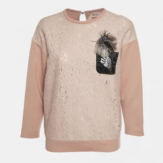 N&deg;21 N&ordm;21 Pink Feather Embellished Jersey And Lace Sweatshirt