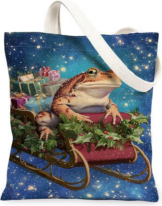 Generic Christmas Amphibian Canvas Tote Bags, Cute Animal Holiday Design Reusable Grocery Bags, Festive Lightweight Washable Shoulder Strap Canvas for Travel 